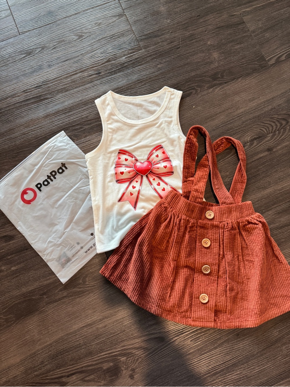PatPat White Tank Top with Red Bow & Rust Corduroy Suspender Skirt